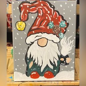 Hand painted Gnome with hot drink on a snowy day on stretched 8x10 canvas.